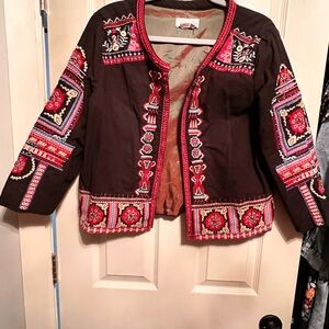 Anthropologie Black Jacket with Red and White Embroidery